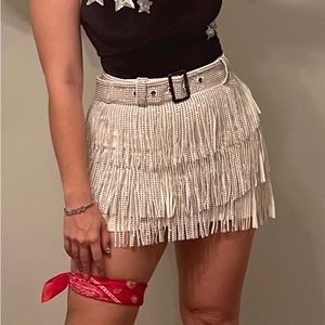 White rhinestone fringe skirt with belt